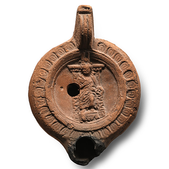 Roman Terracotta Oil Lamp with Figure with Bushel Makers Mark