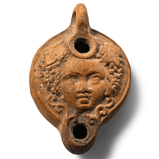 Miniature Roman Terracotta Oil Lamp with the God Dionysis and PASAVIC Makers Mark