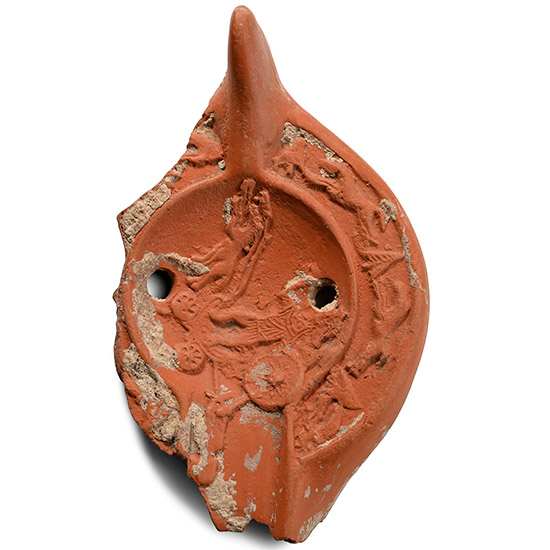 Late Roman Terracotta Oil Lamp Fragment Showing Achilles Dragging the Body of Hector Behind His Chariot