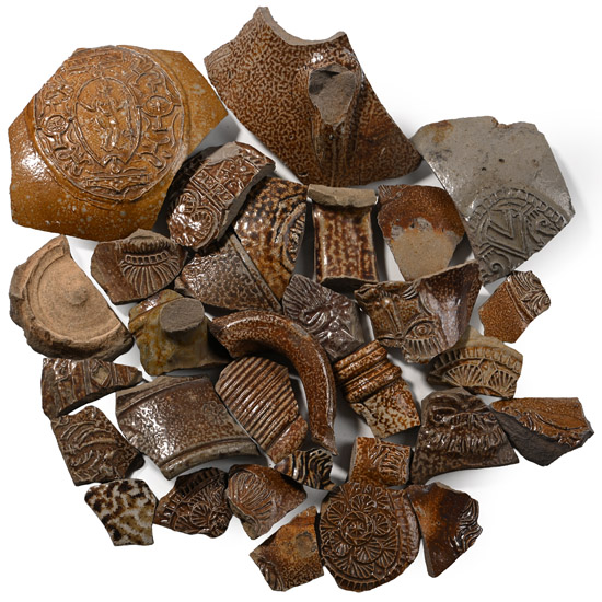 Glazed Bellarmine Pottery Fragment Collection Including Faces