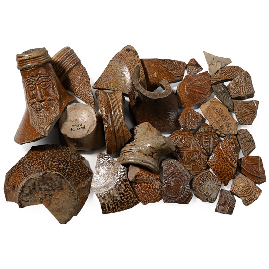 Glazed Bellarmine Pottery Fragment Collection Including Faces