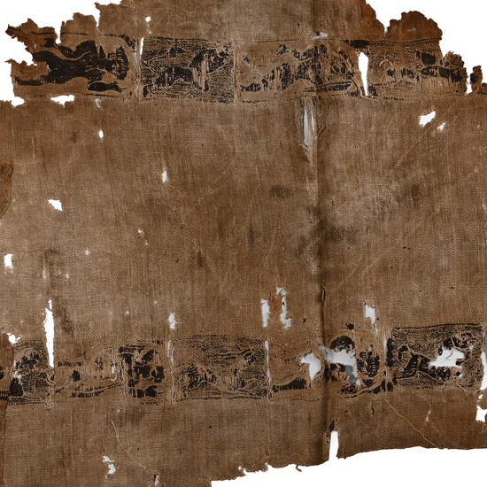 Large Egyptian Coptic Tunic Textile Fragment with Parallel Clavi and Images of Hunting Warriors and Animals
