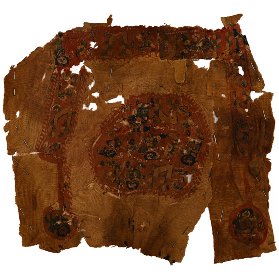 Large Egyptian Coptic Tunic Textile Fragment with Lateral Clavi and Central Orbiculus Representing Figures and Animals