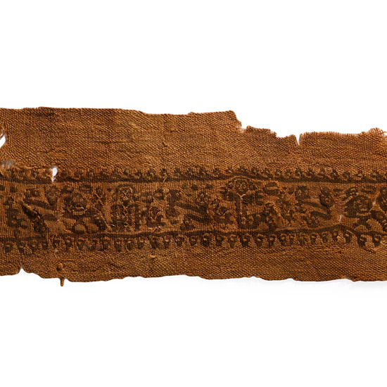 Egyptian Coptic Textile Fragment of a Clavus from a Tunic with Triton, Male Figure and Birds