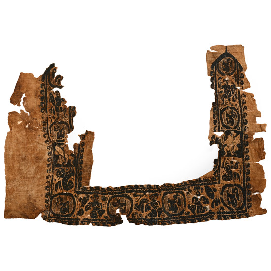 Large Egyptian Coptic Textile Fragment of a Tunic Embroidered with Putto Warriors and Hares
