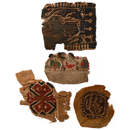 Egyptian Coptic Tunic Textile Fragments of Orbiculi and Segmenta with Vegetation, Animals and Geometric Ornament