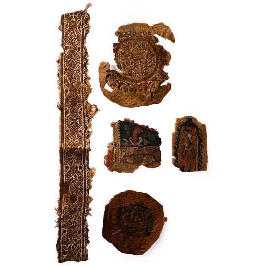 Egyptian Coptic Textile Fragments of Orbiculi, Segementa and Tablia from a Tunic with Animals, Geometric and Cross Decoration