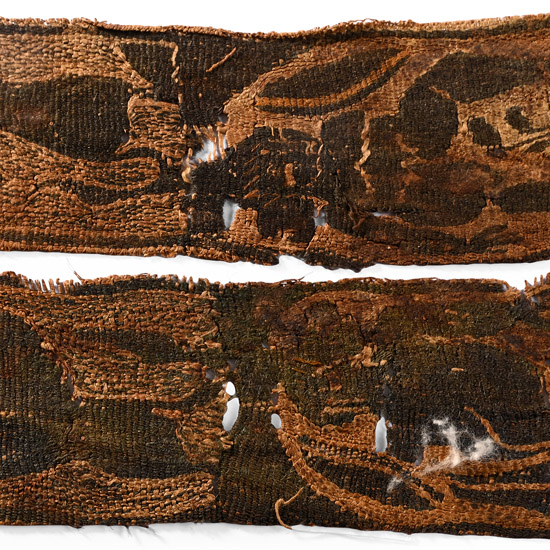 Egyptian Coptic Tunic Clavus Textile Fragments with Armed Puttoes, Lion and Hound