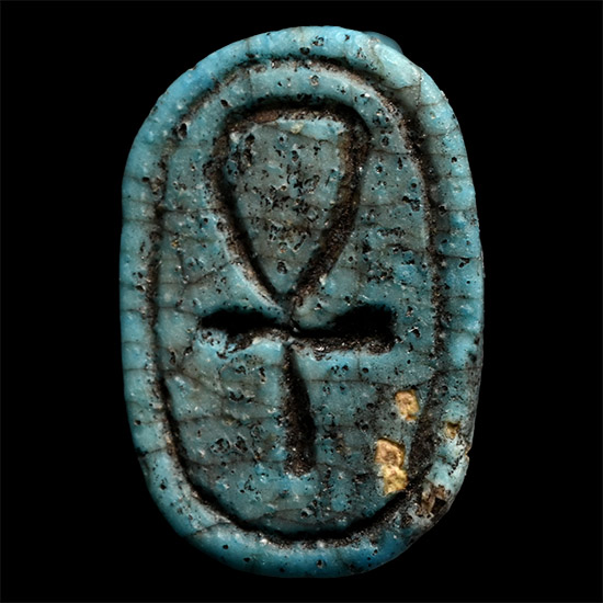 Egyptian Faience Scaraboid Frog Amulet with Ankh