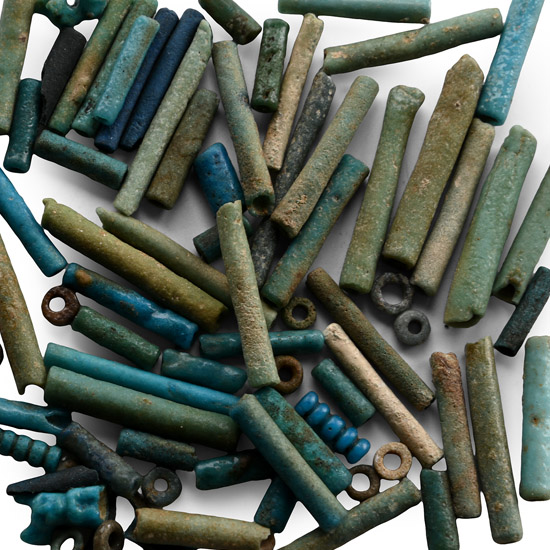 Egyptian Faience Mummy Beads and Cat Amulet