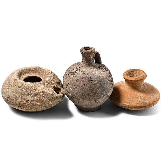 Greek Terracotta Vessel and Oil Lamp Group