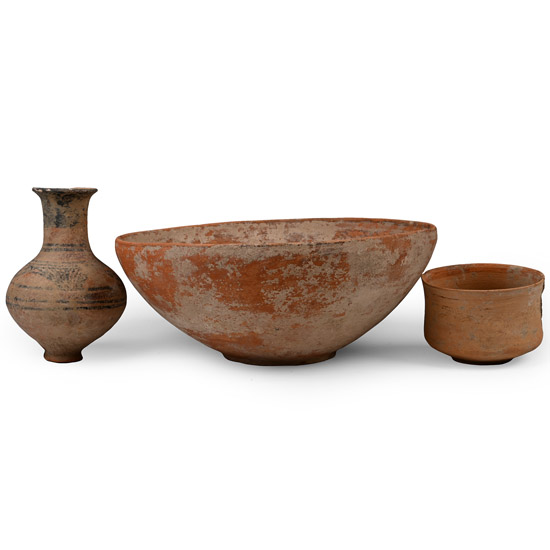 Large Western Asiatic Painted Terracotta Bowl and Vessel Group