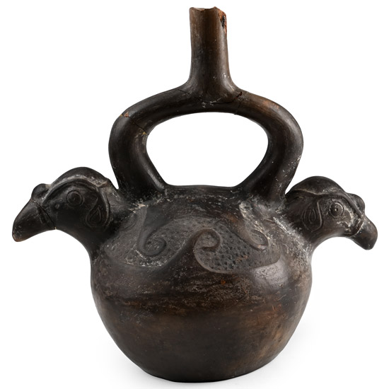 Pre-Columbian Black Ware Stirrup Vessel with Birds Heads