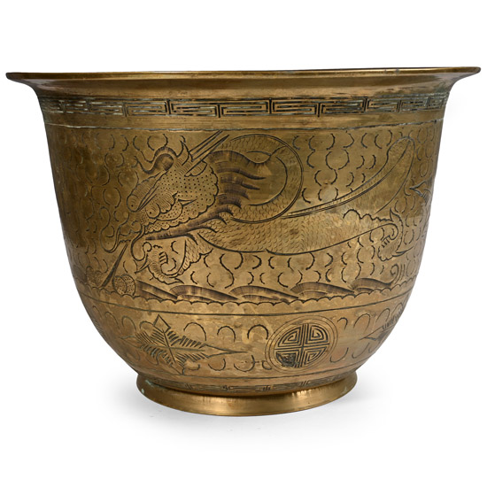 Antique Brass Bowl with Dragon and Peacock