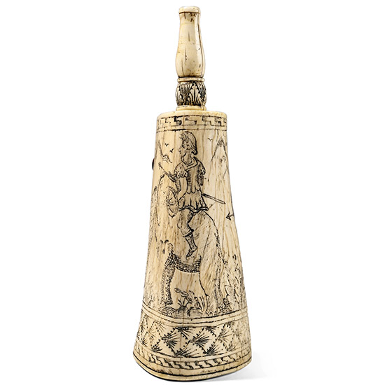 Antique Bone Flask with Engraved Hunting Scene