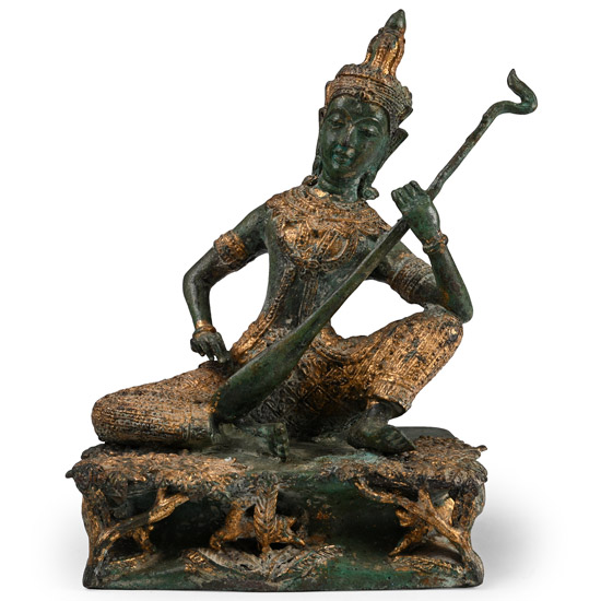 Antique Gilt Bronze Statue of Prince Pra Apai Manee Playing a Traditional Krachap