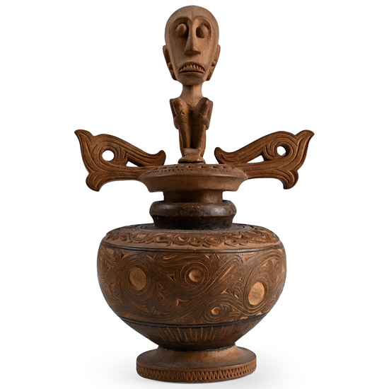 African Carved Wooden Medicine Vessel with Seated Figure Lid