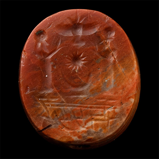 Neo-Babylonian Red Agate Stamp Seal with Worshipping Scene and Hebrew Name