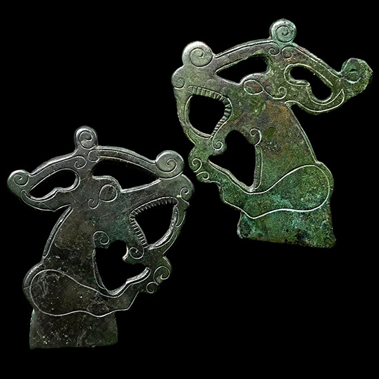 Scythian Bronze Howling Stag Protome Mount Pair