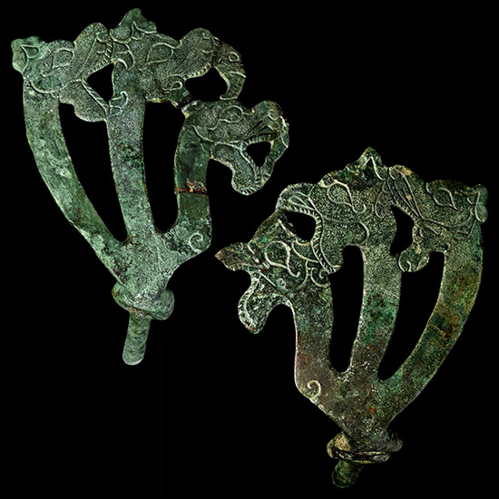 Scythian Bronze Horse Cheekpiece Pair Each with Three Dragons