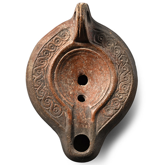 Roman Terracotta Oil Lamp with Scroll Border