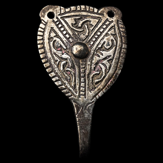 Anglo-Saxon Silver Hooked Tag with Niello Inlaid Interlaced Panels