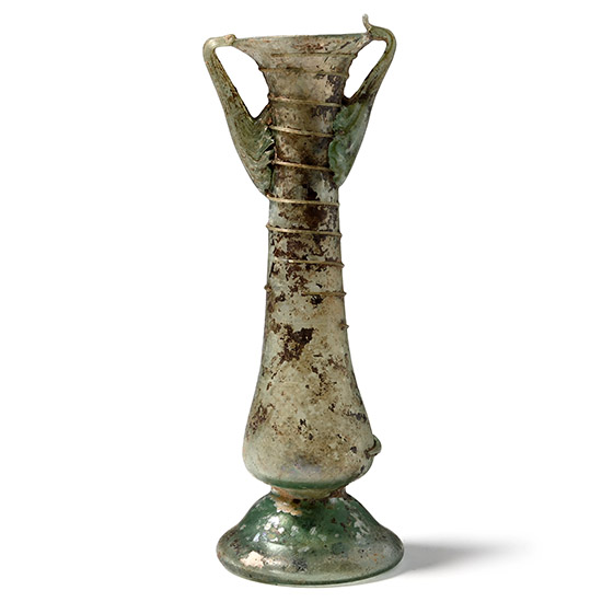 Roman Iridescent Glass Two-Handled Flask with Trail