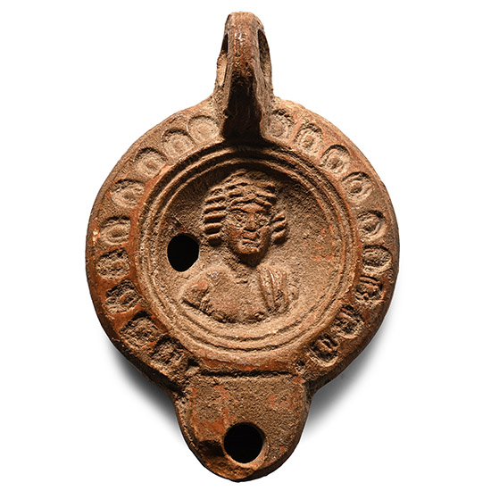 Roman Terracotta Oil Lamp with Bust of Apollo
