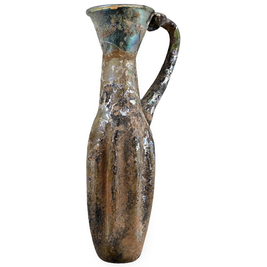 Roman Iridescent Pinched Glass Jug with Applied Handle