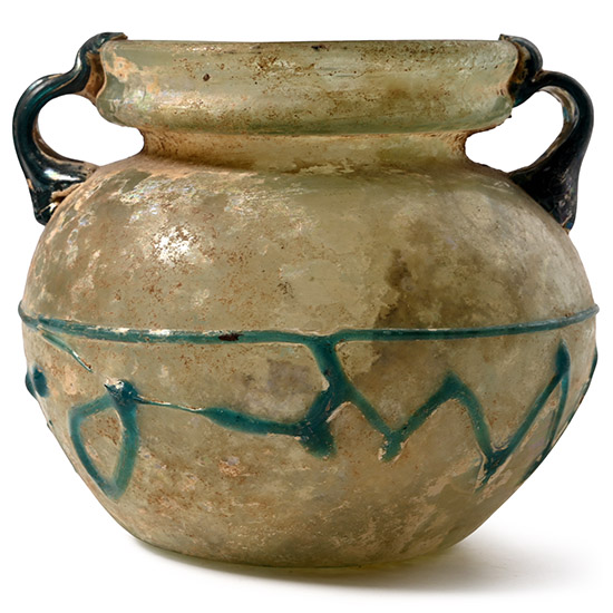 Large Roman Green Glass Vessel with Applied Blue Handles and Green Zig-Zag Trail