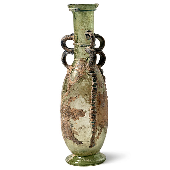 Late Roman Tall Green Glass Vessel with Three Applied Blue Glass Double-Looped Handles