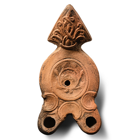 Roman Terracotta Double Nozzled Oil Lamp with Triangular Reflector