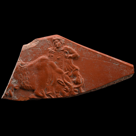 Roman Redware Vessel Sherd with Gladiator Fighting a Bull
