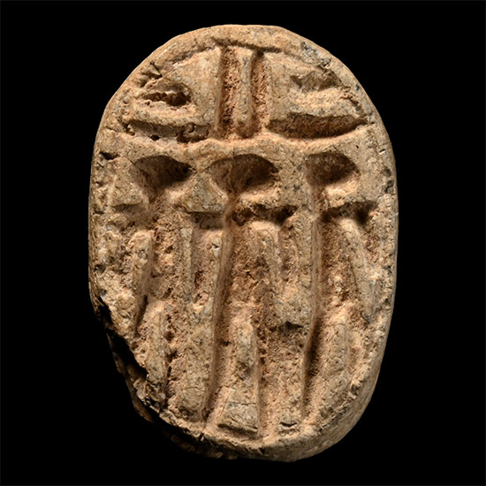 Egyptian Steatite Scarab with Three Figures