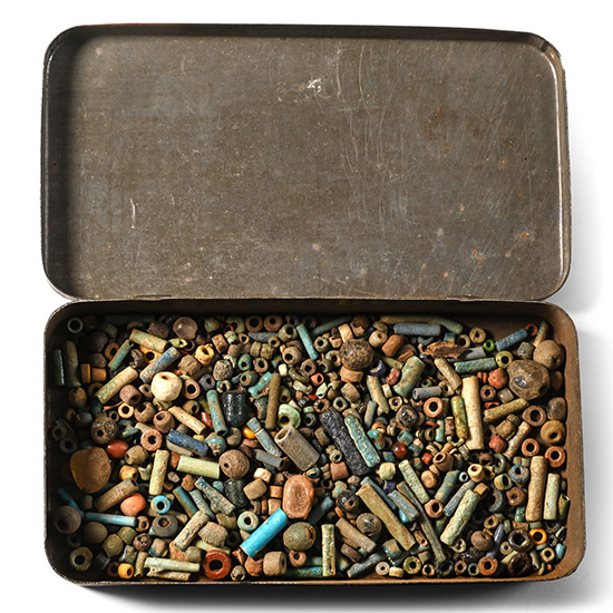 Egyptian Assorted Faience and Other Beads in Early 20th Century Tin Box