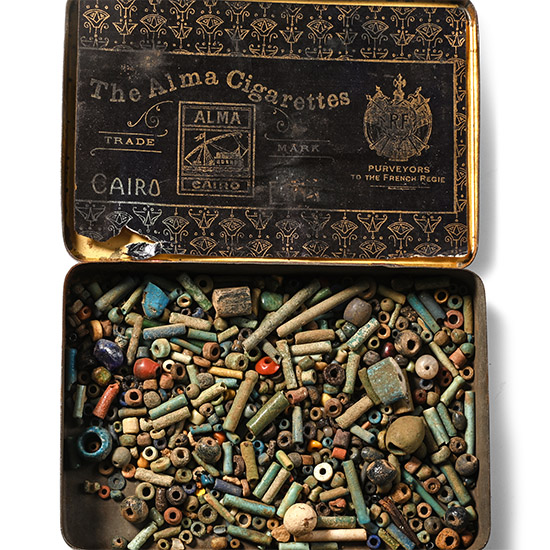 Egyptian Assorted Faience and Other Beads in Early 20th Century Tin Box