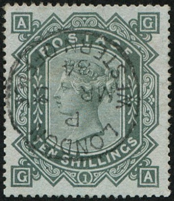 10/- GREEN SG 131 (ON BLUED PAPER) SUPERB USED