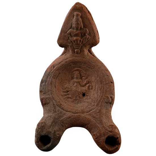 Roman Terracotta Double-Spouted Oil Lamp with the Gods Serapis and Cybele
