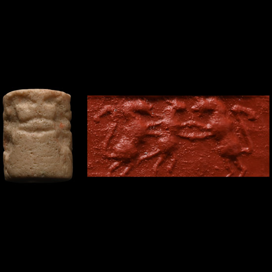 Western Asiatic Cream Stone Cylinder Seal with Contest Scene