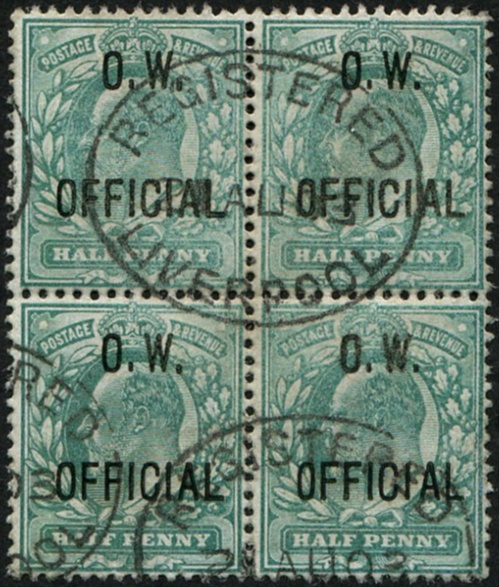 O.W. ½d SG O36 BLOCK OF FOUR VFU