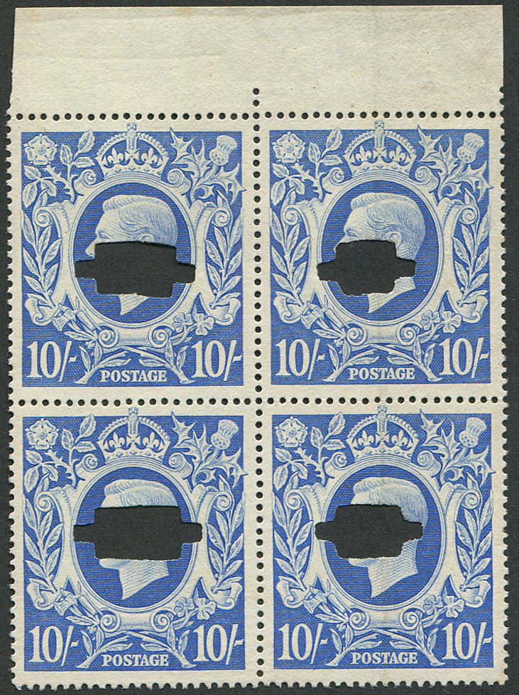 10/- SG 478b Ultramarine PUNCH CANCEL, BLOCK OF FOUR MINT