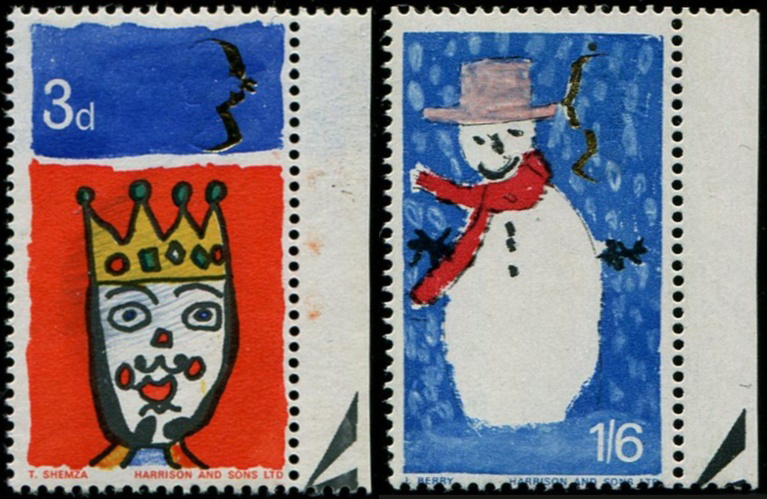Xmas 3d, 1/6d SG 713/14 DRAMATIC GHOSTING OF GOLD QUEENS HEAD