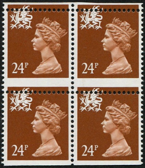 Wales 24p SG W59 DRAMATIC MIS-PERF BLOCK OF FOUR, U/M