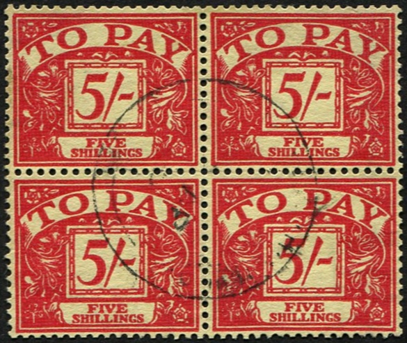 5/- SG D55 BLOCK OF 4, SUPERB USED