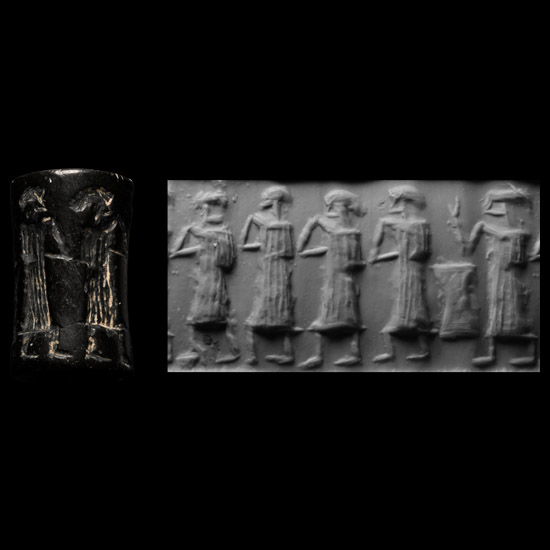 Akkadian Black Stone Cylinder Seal with Worship Scene