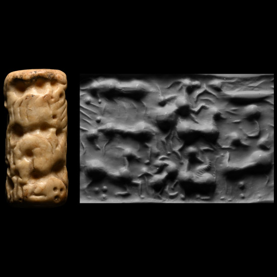 Large Cypriot or Levantine White Marble Cylinder Seal with Nine Quadrupeds and a Scorpion