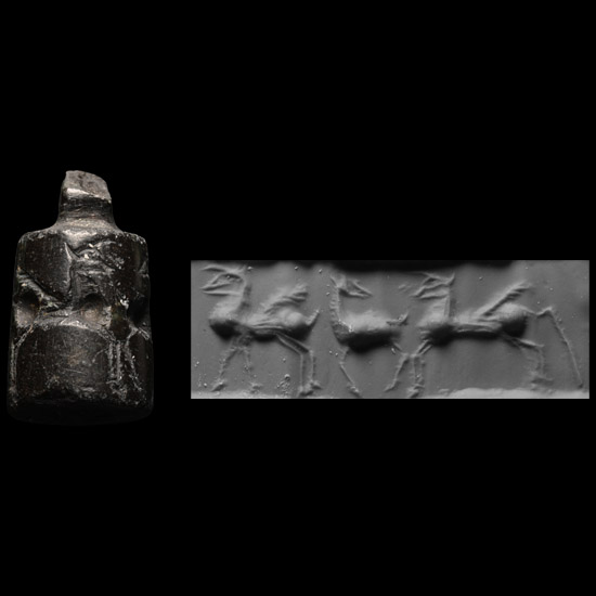 Urartu Black Stone Stamp-Cylinder Seal with Recumbent Horned Quadruped