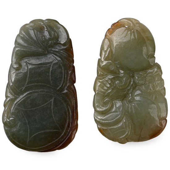 Chinese Carved and Polished Jadeite Amulet Pair