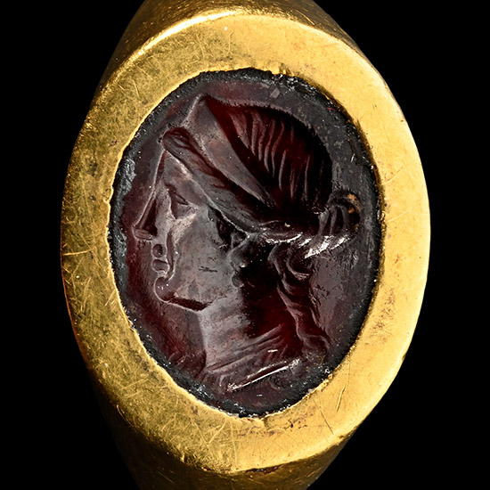 Greek Gold Ring with Garnet Gemstone with Portrait