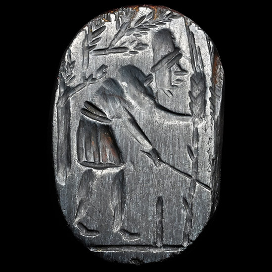 Roman Gnostic Bifacial Hematite Gemstone with Magical Scene and Inscription
